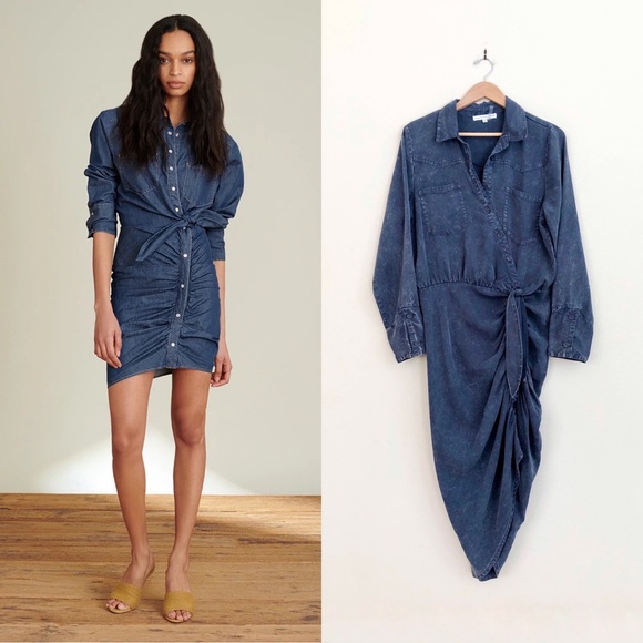 YOUNG FABULOUS & BROKE Carling Ruched Stone Wash Shirt Dress in Blue - Picture 2 of 11